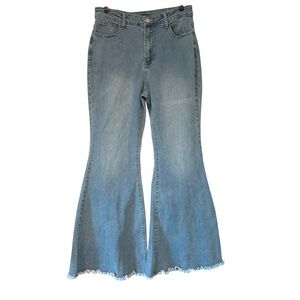 Cider Denim Mid Rise Flare Leg Jeans Fringe Hem, (missing belt), Sz L